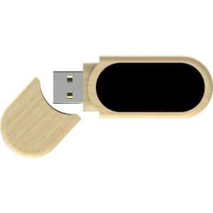A wooden eco-friendly LED flash drive in a light wood colour, with a removable cap revealing the USB connector.
