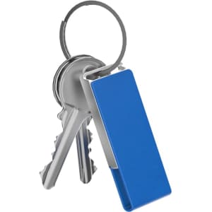 A blue Milan LED flash drive attached to keys on a metal keyring.