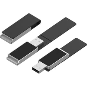 A sleek black Milan LED flash drive with a metallic clip and a concealed USB connector.
