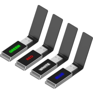A set of four Milan LED flash drives in green, red, white, and blue, featuring a sleek black design and branding.