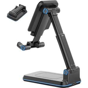 A foldable wireless charging stand in black with blue accents, featuring an adjustable arm and base.