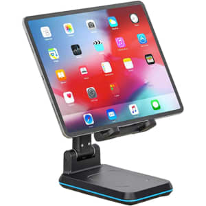A foldable wireless charging stand in black with blue accents, holding a tablet at an adjustable angle.