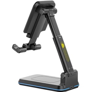 A foldable wireless charging stand in black and blue, featuring adjustable height and angle settings, with a logo.
