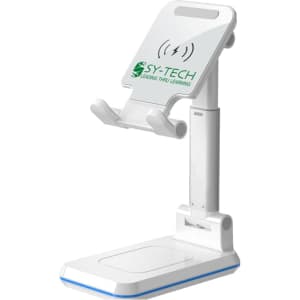 A white foldable wireless charger stand with a logo, featuring a base and an adjustable phone holder.