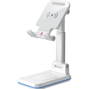 A foldable wireless charging stand in white with a blue base, featuring a slot for a phone and an integrated charging pad.