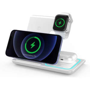 A white 15W 3-in-1 fast wireless charger, featuring slots for a smartphone, smartwatch, and earbuds.