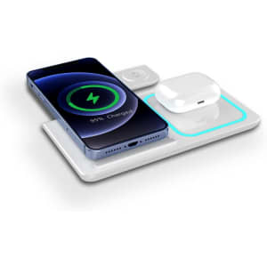 A 15W 3-in-1 fast wireless charger in white, featuring a smartphone, earbuds, and a charging pad with a logo.