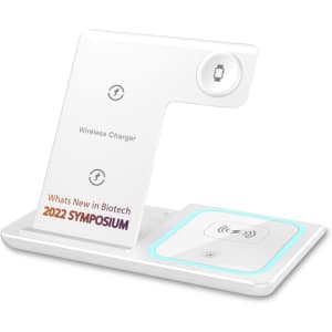 A white 15W 3-in-1 fast wireless charger with a sleek design and an illuminated base.