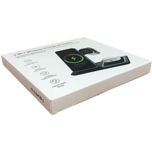 A box for a Camden 15W 3-in-1 fast wireless charger, featuring a black and green design.