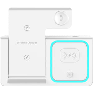 A white 15W 3-in-1 fast wireless charger featuring an illuminated edge and a branding logo.
