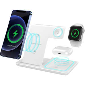 A white 3-in-1 fast wireless charger with spaces for a phone, AirPods, and an Apple Watch, featuring glowing charging indicators.
