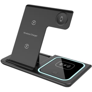 A black 15W 3-in-1 fast wireless charger with a stand and multiple charging surfaces. Phonelike branding visible.