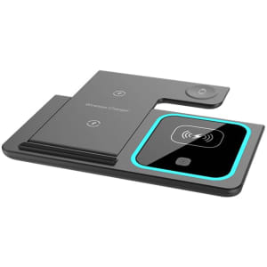 A black Camden 15W 3-in-1 fast wireless charger with a sleek design and blue accents, featuring multiple charging surfaces.