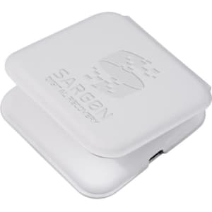 A white magnetic wireless charger with a logo, featuring a compact design that folds for easy storage.