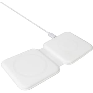 A white magnetic wireless charger with two charging pads and a connecting cable. It features a simple, sleek design.