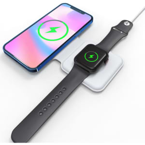 A wireless charger designed for phones and smartwatches, featuring a sleek black and white design. It includes a logo.