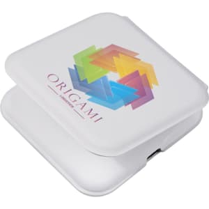 A white square compact with a colourful geometric design and a logo on the front.