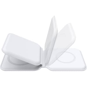 A white, foldable magnetic wireless charger with dual charging pads and a minimalist design. It includes a brand logo.