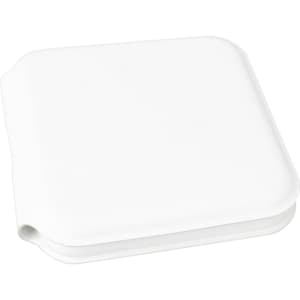 A white, square wireless charger with a smooth surface and rounded edges, featuring a logo on one side.