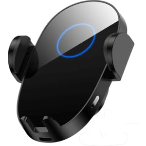 A black wireless car charger featuring an oval design, with adjustable side grips and a blue indicator light.