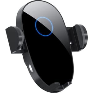 A black wireless car charger with a sleek design and a circular blue indicator light. It features adjustable side grips.