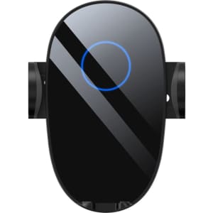 A black wireless car charger with a sleek design and a glowing circular indicator on the front.