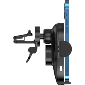 A car phone holder in black, featuring a clip mechanism, designed to securely hold a mobile device.