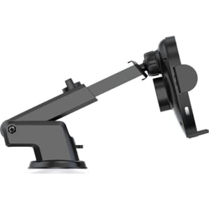 A black car phone holder featuring an adjustable arm and suction mount for easy attachment.