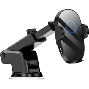 A black car phone holder designed with a suction base and an adjustable arm for secure phone placement.