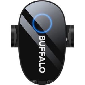 A black car charger with a circular LED indicator and a branding logo, designed for wireless phone charging.