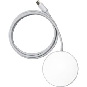 A round white wireless charger with a grey cable attached, featuring a logo on the surface.