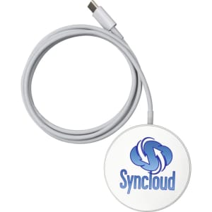 A round white wireless charger with a grey cable and a logo on the top.