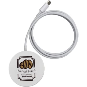 A round white wireless charger with a USB-C cable, featuring a logo design in the centre.