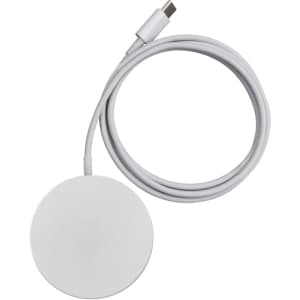 A white magnetic wireless charger with a connected USB-C cable. The design is sleek and minimalistic.