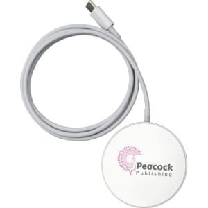 A white magnetic wireless charger with a grey cable and a logo on the surface.