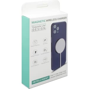 A wireless charger in a white and turquoise box, featuring a magnetic design and an image of a phone on the front.