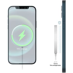 A magnetic wireless charger in grey, showcased alongside a smartphone indicating charging progress with a green lightning symbol.