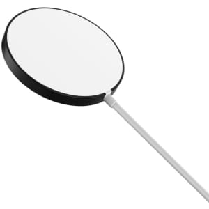 A round, black and white wireless charger with a cable, featuring a sleek, minimalist design. Branding is present.