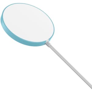 A circular wireless charger in white with a light blue border, featuring a single cable.