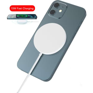A white 15W magnetic wireless charger attached to a grey phone, displaying a charging animation.