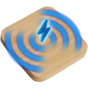A square bamboo wireless charger with blue signal waves illustrated around it, featuring a logo on the surface.