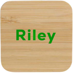 A bamboo wireless charger with rounded corners and a green logo, featuring a natural wood finish.