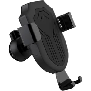A black wireless car charger with a mount, featuring a sleek design and a logo.