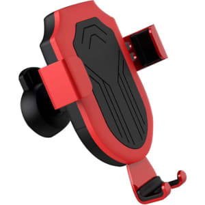 A red and black wireless car charger with a suction mount and adjustable grips for secure phone placement.