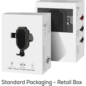 A retail box for the Bernado Wireless Car Charger in black and green, featuring a logo and product images.