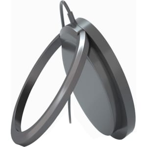 A grey magnetic wireless charge stand with a sleek design, featuring a round charging pad and ring holder.
