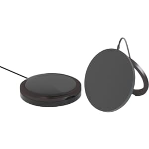 A black magnetic wireless charging stand with a sleek, circular design and a foldable support.