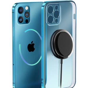 A blue phone case featuring a wireless charging attachment. The phone has a logo and a circular charging indicator.
