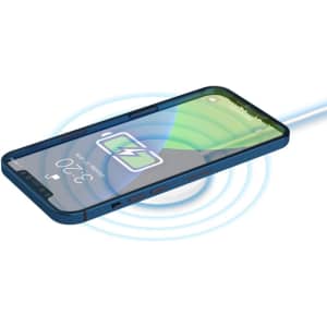 A wireless charger in blue, featuring a phone displaying a charging icon and waves indicating power transfer.