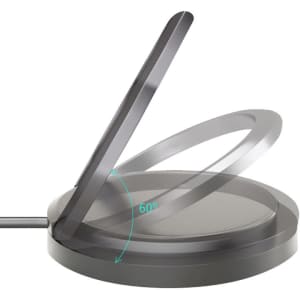 A magnetic wireless charging stand in black, featuring a rotating design that tilts up to 60 degrees.